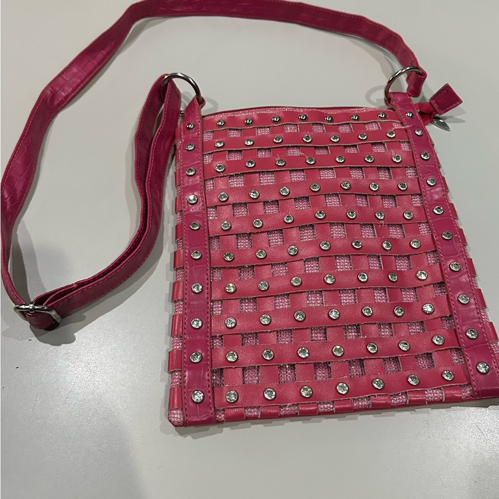 Hot Pink Crossbody Bag with Rhinestones & Silver Accents.